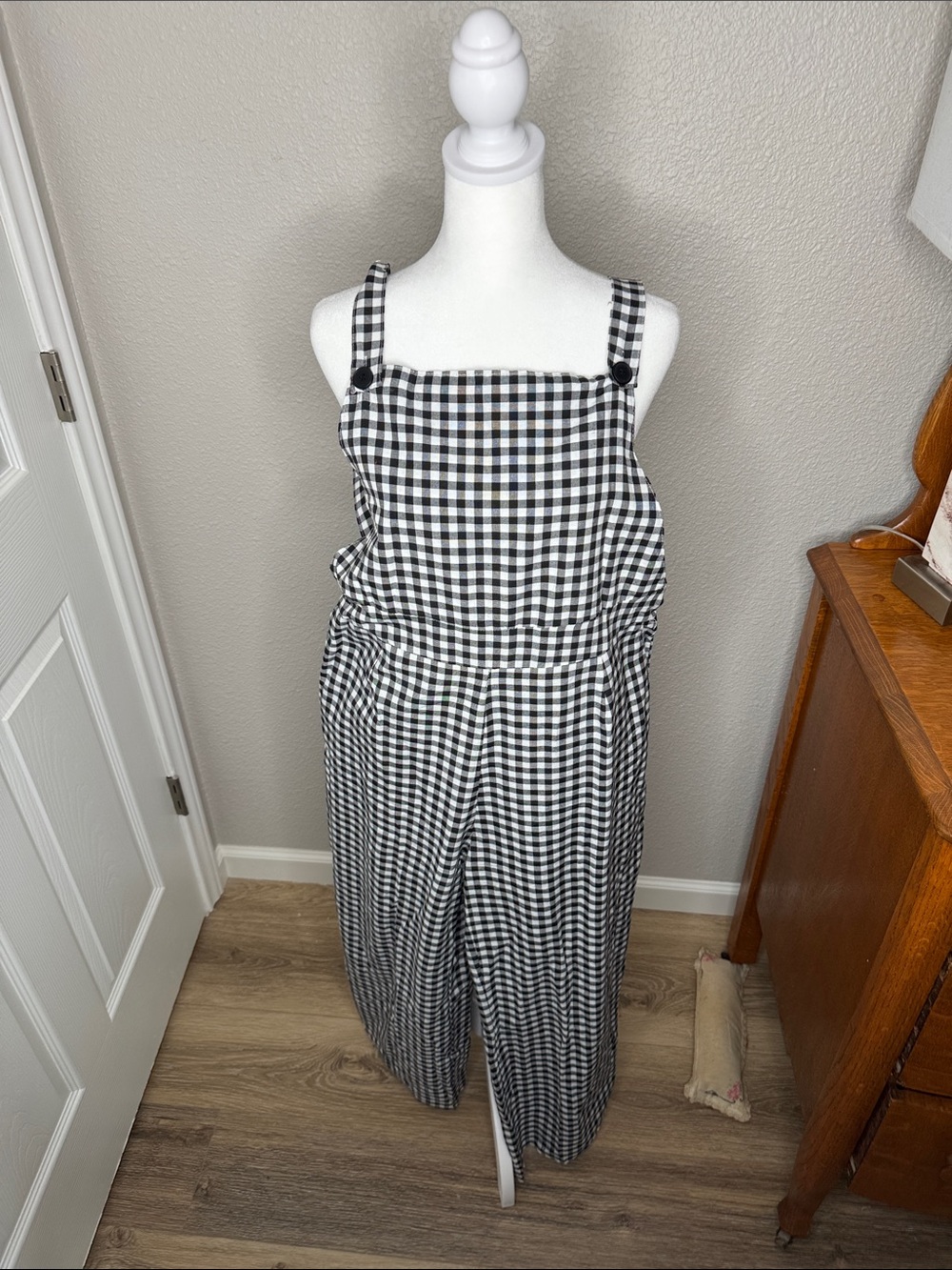 Black & White Gingham Wide-Leg Romper with Adjustable Straps